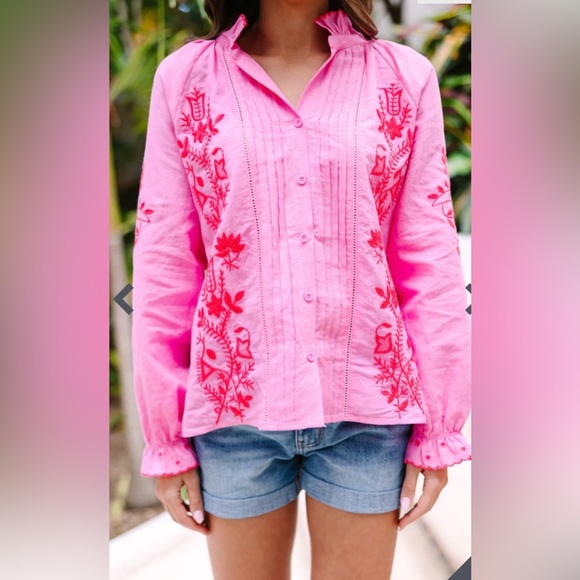 Fate All About You Hot Pink Linen Blend Embroidered Blouse Size Small - Picture 4 of 11